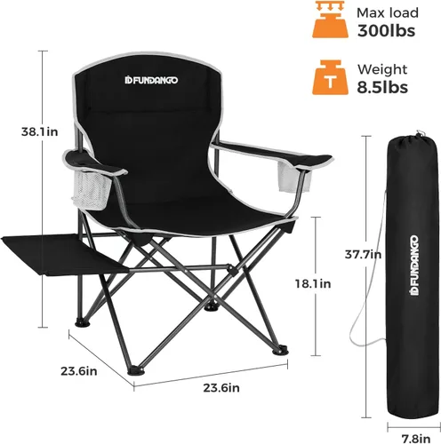 Miniatura 3 de FUNDANGO Silla de camping acolchada plegable, portátil con respaldo completo para exteriores, con soporte para tazas y mesa auxiliar, bolsillo