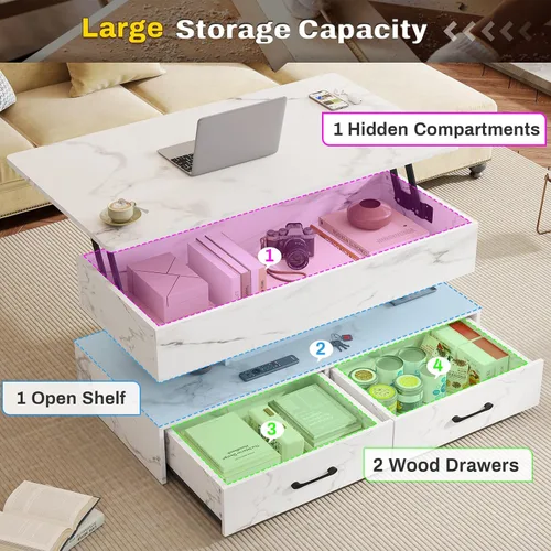 Miniatura 4 de SEDETA Mesa de centro elevable de 40 pulgadas, mesas de centro con almacenamiento para sala de estar, mesa de centro pequeña con 2 cajones y luz LED