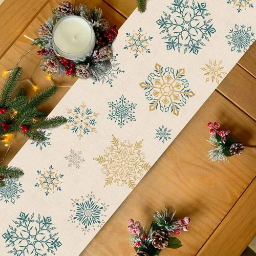 Miniatura 5 de Seliem Camino de Mesa de Copos de Nieve de Invierno, Bufanda de Mesa Dorada y Azul para Cocina y Hogar, Decoración Festiva de Navidad, Decoraciones