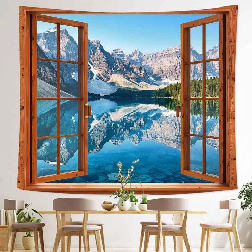 Miniatura 3 de Aidatain Tapiz de ventana de montaña, lago, bosque, escena, paisaje natural, para colgar en la pared, tapices grandes de franela de 84 x 90