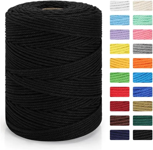 Cordón de macramé de 0.157 in x 328 yardas | Cuerda de macramé 100% algodón natural | Cuerda de algodón trenzado de 4 hebras para manualidades, Negro