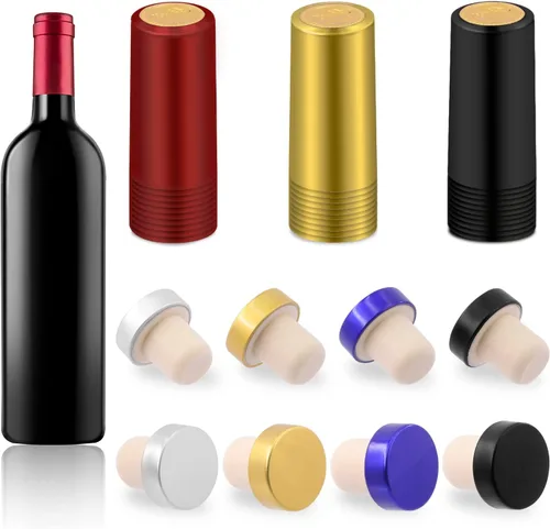 Glarks Juego de 54 tapones de corcho para botellas de vino y cápsulas termorretráctiles de PVC, 4 colores en forma de T y sellos de botellas de vino