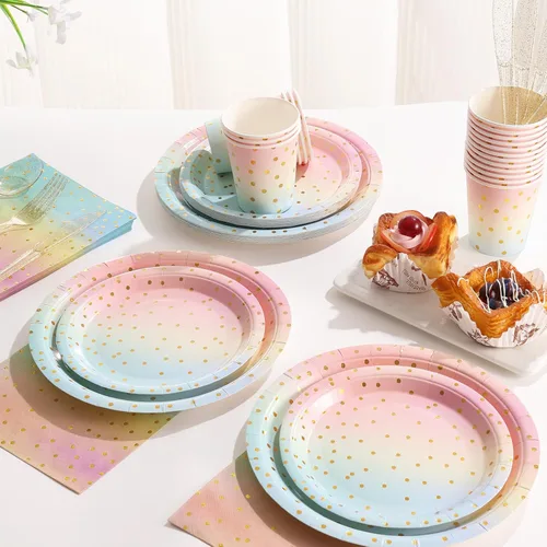 Miniatura 6 de Suministros de fiesta pastel arco iris pastel platos de papel para fiestas, vasos, servilletas, juego de vajilla para decoraciones de fiesta pastel