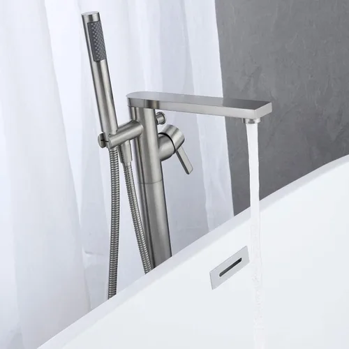 Miniatura 4 de Wowkk Grifo de bañera independiente, relleno de bañera de níquel cepillado, montaje en el suelo, latón de una sola manija, grifos de baño con ducha