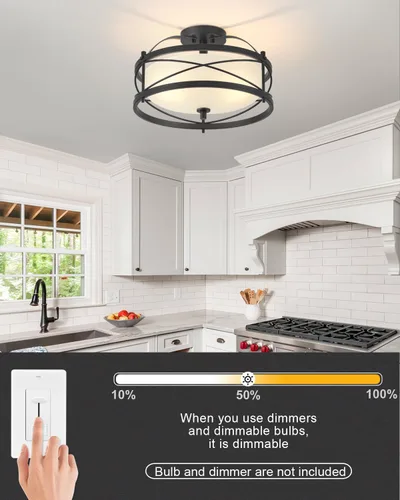 Miniatura 5 de Accesorios de luz de tambor para entrada, lámpara de techo rústica de montaje semiempotrado para pasillo, sala de estar, dormitorio, cocina (negro)