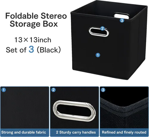 Miniatura 7 de STOREONE Contenedores organizadores de 13 pulgadas, cubo de almacenamiento de tela negra, cesta de almacenamiento plegable con asas dobles y cajas