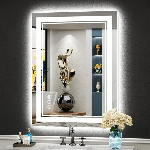 Miniatura 87 de 30x36 Espejo de baño LED con luces, retroiluminado y luz frontal, espejo de tocador iluminado antivaho para pared de baño, 3 colores, regulable