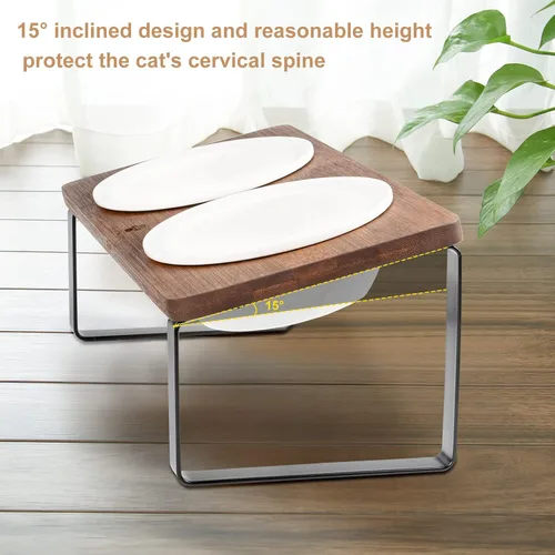 Miniatura 5 de Sunhoo Cuencos elevados de cerámica para gatos, platos elevados para cachorros para alimentos y agua, soporte de madera inclinado para gatos