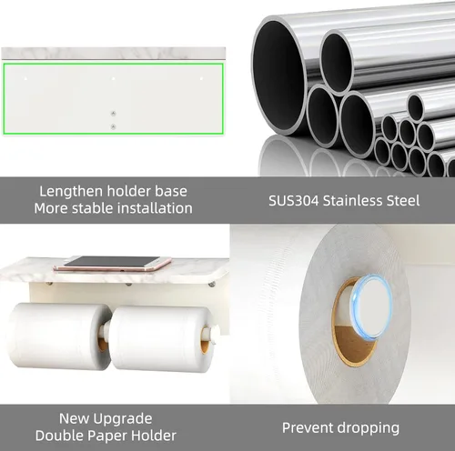 Miniatura 3 de Soporte de papel higiénico de Gypie de mármol con estante, 304 de acero inoxidable con tornillos montado en la pared, soporte para rollo de papel
