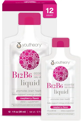 Youtheory Vitamina B12 B6, suplemento diario de energía y apoyo cerebral, sabor líquido a frambuesa, 12 paquetes de 1 oz de una sola porción