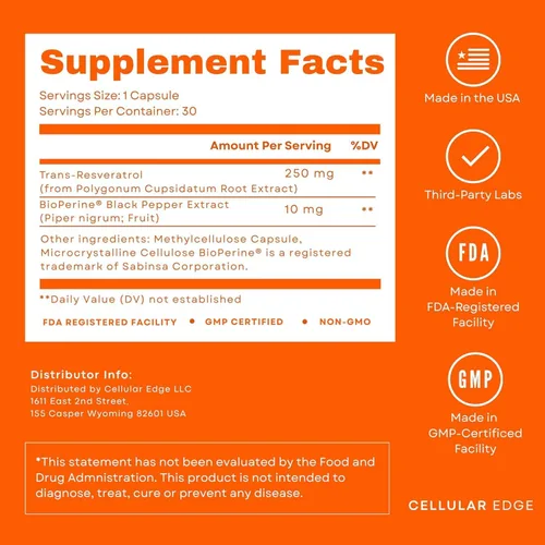 Miniatura 2 de Trans-resveratrol 250 mg (≥98% puro) con BioPerine® Fabricado en Estados Unidos Probado por terceros Apoyo a la salud celular y longevidad