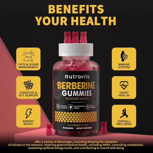 Miniatura 3 de Nutravita Gomitas de berberina con canela de Ceilán, 1500 mg de berberina de alta potencia, suplemento para apoyo inmunológico y metabolismo