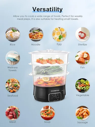 Miniatura 4 de Vaporizador eléctrico de 3 niveles para cocinar, vaporizador de verduras de 13.7 cuartos de galón para cocción simultánea rápida, vaporizador