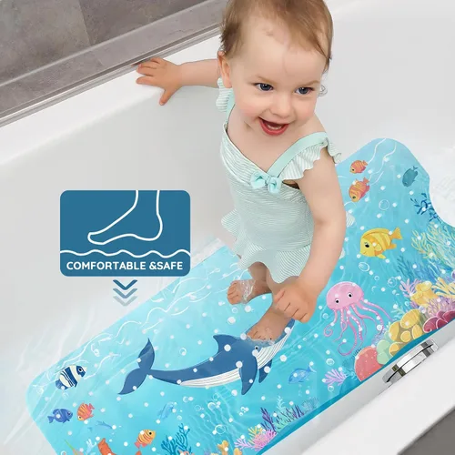 Miniatura 6 de LNOND Alfombra de baño para niños, tapete antideslizante de ballenas azules, con orificios de drenaje y ventosas, lavable a máquina