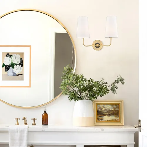 Miniatura 6 de DAYCENT Moderno aplique de pared dorado con pantalla de tela, apliques de 2 luces, iluminación de pared de doble brazo, luces de tocador de baño