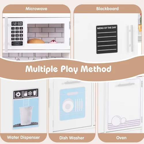 Miniatura 4 de Costzon Juego de cocina para niños, juego de cocina de juguete de madera con pizarra, grifo, fregadero, horno, microondas, lavavajillas, accesorios