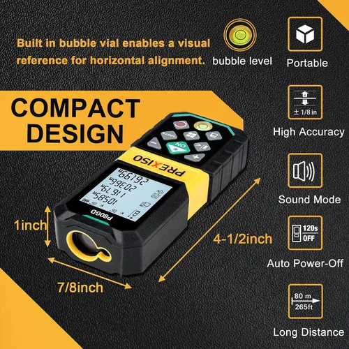 Miniatura 6 de PREXISO Medidor Láser Recargable, Herramienta de Medición Láser de Haz Verde de 265 Pies con Sensor de Ángulo y Almacenamiento de 30 Conjuntos