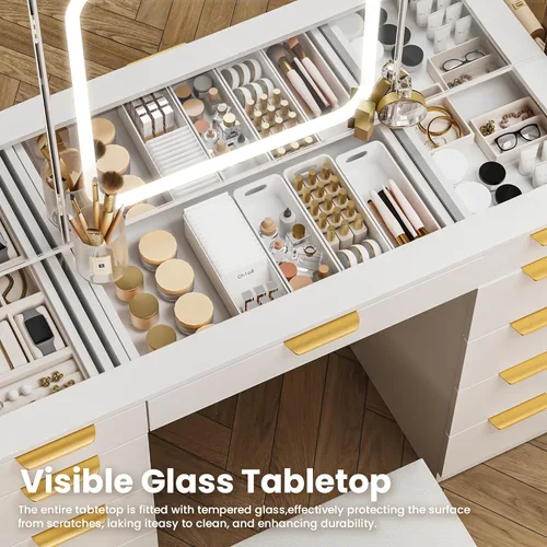 Miniatura 2 de Pamapic - Escritorio de maquillaje con 11 cajones y espejo plegable, tocador de maquillaje con superficie de vidrio y luces LED, 3 modos