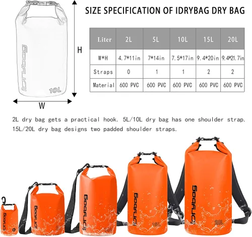 Miniatura 4 de IDRYBAG Bolsa seca para kayak impermeable 2L/5L/10L/15L/20L, pequeña bolsa impermeable para navegación Naranja