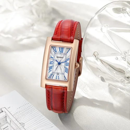 Miniatura 4 de BERNY Reloj rectangular de cuarzo con marcadores clásicos de números romanos para mujer, reloj de pulsera analógico casual con calendario de fecha