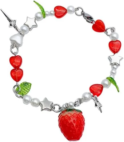 Y2K - Pulseras Fairycore con dijes de fresa, cadenas de estrellas de Cottagecore, joyería con cuentas para niña del centro de la ciudad, cosas lindas
