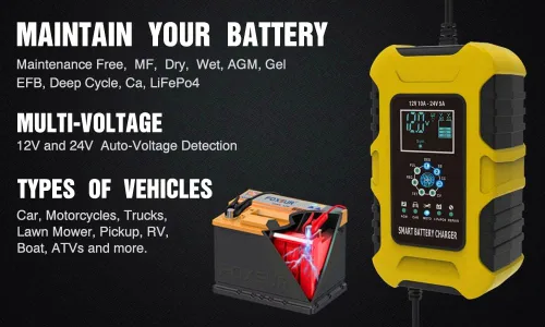 Miniatura 8 de Cargador rápido de batería de coche de 12 V/24 V y 10 amperios para baterías húmedas/GEL/SLA/LiFePO4/plomo-ácido/AGM, cargador de batería
