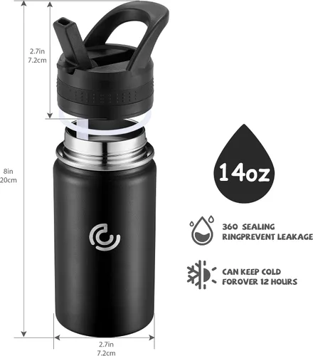 Miniatura 3 de 14 Oz Kids Water Bottle, Stainless Steel Water Bottle with Straws, Leak-Proof, BPA-Free, Insulated Water Bottles for School Boys & Girls Black