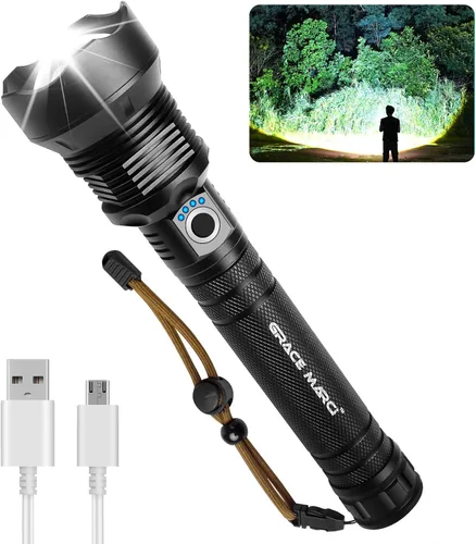 Linternas recargables, 250000 lúmenes de alto lumen linterna LED súper brillante con 3 modos, IP65 impermeable, linterna potente de mano para caza,