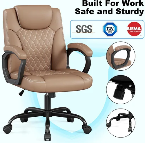Miniatura 7 de Misolant Silla de oficina, silla de escritorio ejecutiva, cómodas sillas ergonómicas de piel sintética con reposabrazos fijo, altura ajustable