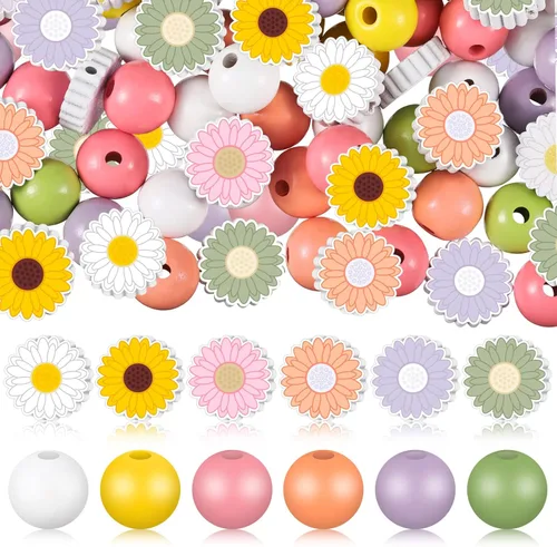 Miniatura 7 de Tradder 200 cuentas redondas de verano de flamenco, cuentas de madera con hojas de palma pulidas hawaianas tropicales para hacer joyas, manualidades