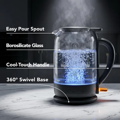 Miniatura 4 de Hervidor Eléctrico OVENTE con Vidrio de Borosilicato de 1.5L, Calentador de Agua de Ebullición Rápida de 1500W para Café o Té, Tapa Fácil de Llenar