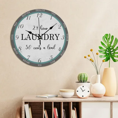 Miniatura 4 de Reloj de pared de lavandería de 10 x 10 pulgadas, decoración de cocina, regalo de baño, reloj de PVC, silencioso, sin tictac, retro, fácil de leer