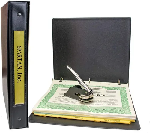Kit corporativo con PDF de actas y estatutos, Carpeta de registros negros con funda a juego, sello de empresa, certificados de acciones impresos y