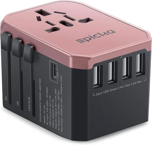 EPICKA Adaptador de viaje universal, adaptador de enchufe de viaje europeo, adaptador de corriente internacional cargador mundial con USB-C y 4 Oro