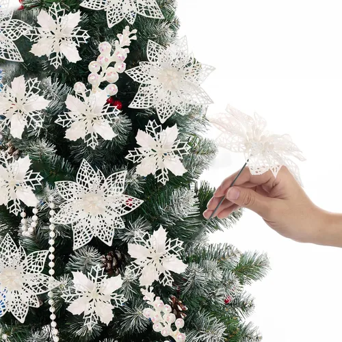 Miniatura 5 de Juego de 22 flores artificiales de flor de pascua navideña y tallos de bayas con purpurina, 16 adornos de flores de árbol de Navidad con purpurina