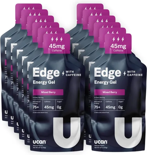 UCAN Edge Energy Gel Shots, mezcla de bayas y cafeína (12 paquetes de 2 onzas) para correr, entrenar, entrenar, fitness, ciclismo, crossfit, energía