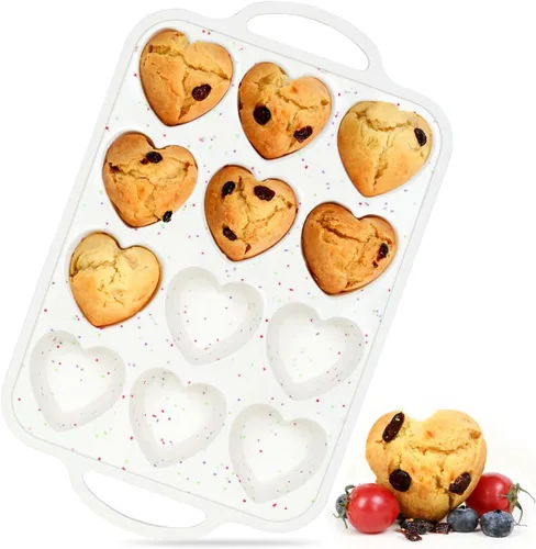 CAKETIME Molde para magdalenas con forma de corazón con marco metálico, moldes de silicona antiadherentes en forma de corazón para hornear muffins