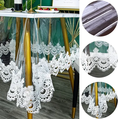 Miniatura 2 de Mantel redondo de plástico transparente, impermeable, de vinilo, PVC, bordado, borde de encaje, transparente, para cocina, uso en exteriores e