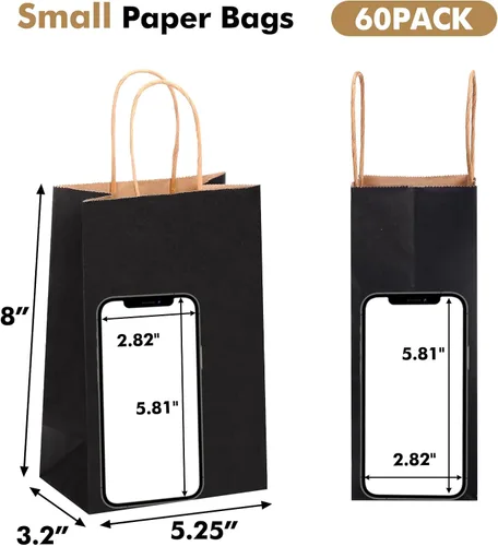 Miniatura 2 de OUTUXED 60 bolsas de regalo de papel negro de 5.25 x 3.2 x 8 pulgadas con asas, pequeñas bolsas de regalo a granel para compras, cumpleaños, bodas