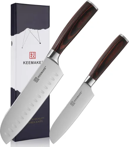 KEEMAKE Juego de cuchillos Santoku de 2 piezas, juegos de cuchillos de chef japonés con cuchillos de cocina de acero inoxidable de alto carbono