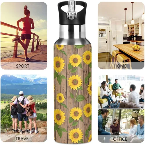 Miniatura 5 de Sunflowers Green Leaves Insulated Stainless Steel Water Bottle with Straw 20 Oz, BPA-Free Sport Water Bottle Insulated Leakproof Water Bottles