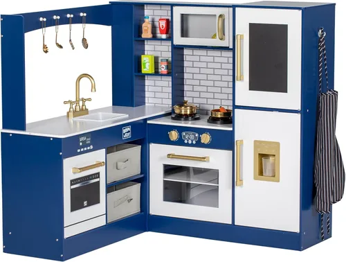 BRINJOY Cocina de Juego de Esquina para Niños, Juego de Cocina de Madera para Niños Pequeños con Grifo, Fregadero, Microondas, Horno, Delantal,