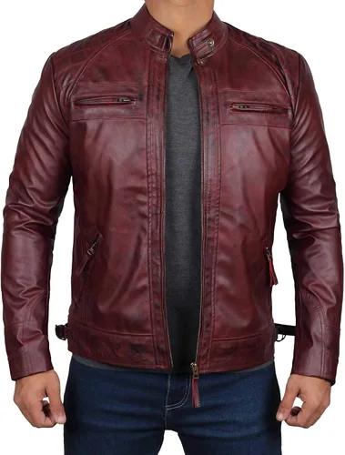 fjackets Chaqueta de motociclista de piel de cordero real - Chaquetas de moto acolchadas Cafe Racer con cremallera para hombre