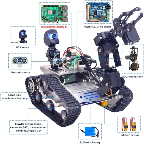 Miniatura 6 de Kit de robot inteligente para Raspberry Pi, chasis de robot tanque transmisión de video en tiempo real, control WiFi/Bluetooth, planificación