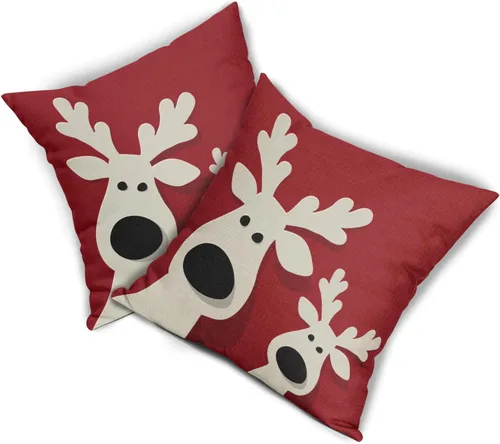 Miniatura 8 de Juego de 2 fundas de almohada rojas de Navidad de 16 x 16 pulgadas, decoración de Navidad de ciervos de Navidad, estampado de invierno, fundas