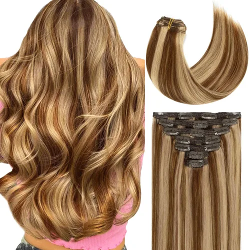 Miniatura 65 de Lacer Extensiones de cabello humano real con clip, color castaño claro, con reflejos rubio platino, grueso, sedoso y lacio, extensiones de cabello