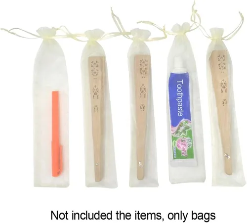 Miniatura 6 de 50 bolsas de organza transparente para abanicos, bolsas de regalo de organza plegables de 2 x 10 pulgadas con cordón, bolsas de seda para recuerdos