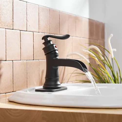 Miniatura 6 de BWE Grifo de baño en cascada negro mate con drenaje desplegable con placa de cubierta de una sola manija para tocador de 1 o 3 agujeros, grifo