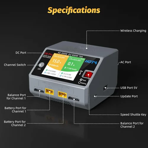 Miniatura 4 de HOTA D6 Pro RC Batería AC200W DC 325W Dual RC Cargador 15A Balance Cargador para RC 1S 2S 3S 4S 5S 6S Lipo Baterías LiHv Nicd NiMH Carga de batería
