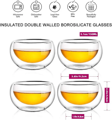 Miniatura 2 de CNGLASS Juego de 4 tazas de té de vidrio de doble pared, 5.1 onzas, tazas de té transparentes aisladas asiáticas, 5.1 fl oz, pequeña taza